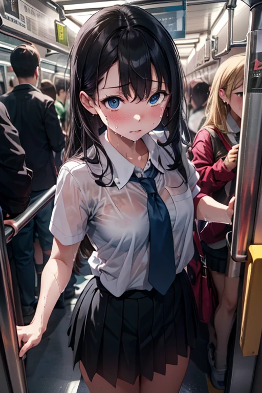 NSFW、masterpiece, 最high quality, high quality, High resolution, One girl, alone, Blue Hair, Long Hair, blue eyes, White shirt ,Black office skirt, Knee socks, whole body、Depth of written boundary, In a crowded train,(((Surrounded by men))),(((Molester)))、(((Body odor、Bad smell)))、(((Sweat)))、((((Sweat染み、Yellowing、odor))))、(((Soaking wet)))、(((((Love juice)))))、((((Detailed pussy))))、(((((Pooping)))))、((Leg spread))、(((Covered in bodily fluids)))、(((Squirting)))、(((cry)))、(((blush)))、(((Poop dripping down my legs))),(((Pee)))、(((Peeing)))、((Standing with a forward lean))、Angle from below、(((being peeked inside the skirt)))