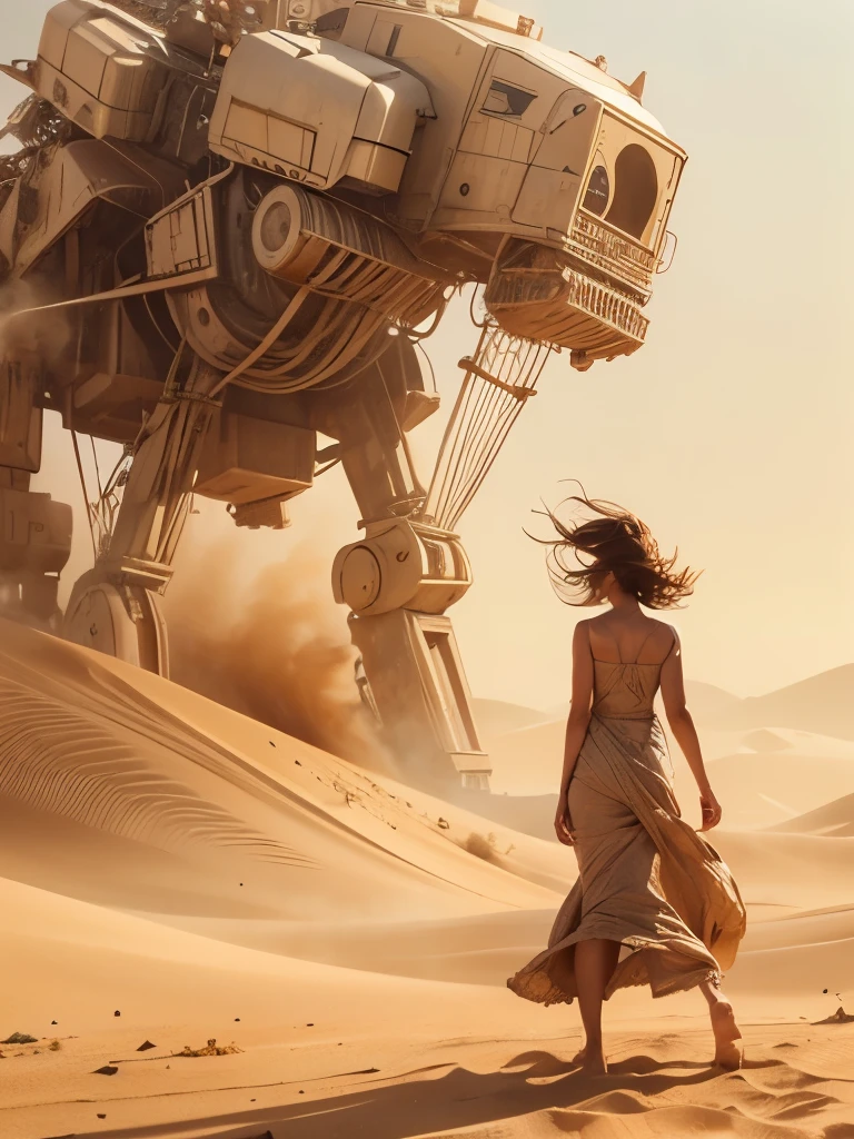 (ultra-detailed), (realistic:1.37), 1woman, beautiful woman, gorgeous woman, 23 years old, desert, sand desert, sandstorm, sand colored dress, floating in wind, giant war robot, war robot, (photorealistic:1.37), Conceptual art, (masterpiece:1.2)