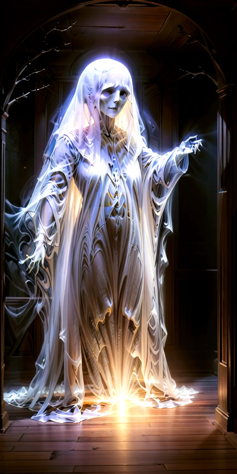 Superb masterpiece, dynamic, Great quality,Don MSp3ctr4lXL,Translucent female ghost, ghostly Spectrum entity, Shadowy, ether, Covered and shabby appearance, Glowing eye sockets,  Spectrum, Ghostly, other-dimensional beings 