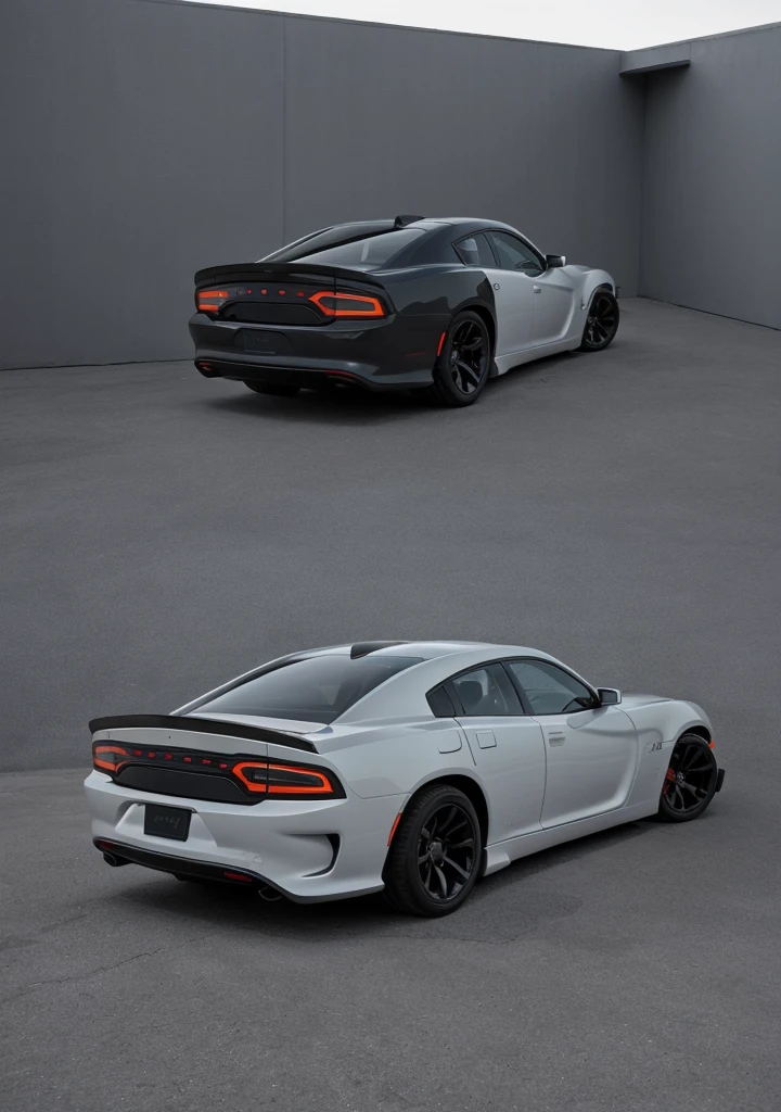 a car with the overall shape and size of a Dodge Charger, but with the sleek, curved lines and aggressive stance of a Dodge Viper. The front end features a split grille and angular headlights, similar to the Viper, while the rear end has a Charger-inspired taillight design. The car has a shorter, more compact body than a traditional Charger, with a more sloping roofline and a distinctive "kick" at the rear wheel wells, reminiscent of the Viper's iconic design. The wheels are a blend of the two styles, with the Charger's five-spoke design and the Viper's aggressive, chunky tires.