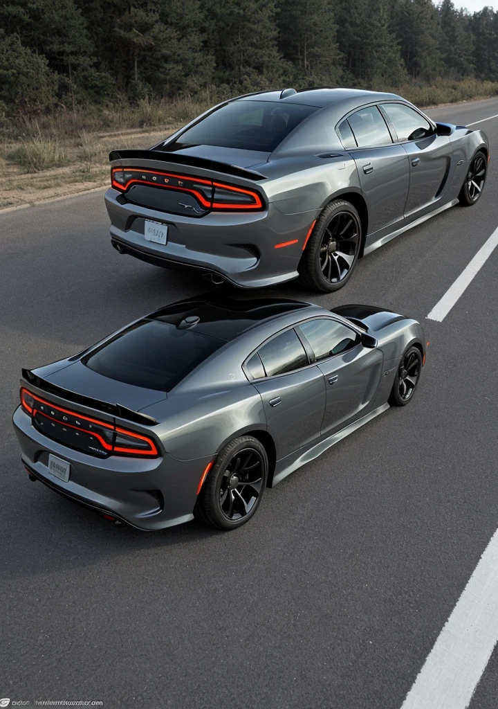 
a car with the overall shape and size of a Dodge Charger, but with the sleek, curved lines and aggressive stance of a Dodge Viper. The front end features a split grille and angular headlights, similar to the Viper, while the rear end has a Charger-inspired taillight design. The car has a shorter, more compact body than a traditional Charger, with a more sloping roofline and a distinctive "kick" at the rear wheel wells, reminiscent of the Viper's iconic design. The wheels are a blend of the two styles, with the Charger's five-spoke design and the Viper's aggressive, chunky tires.

