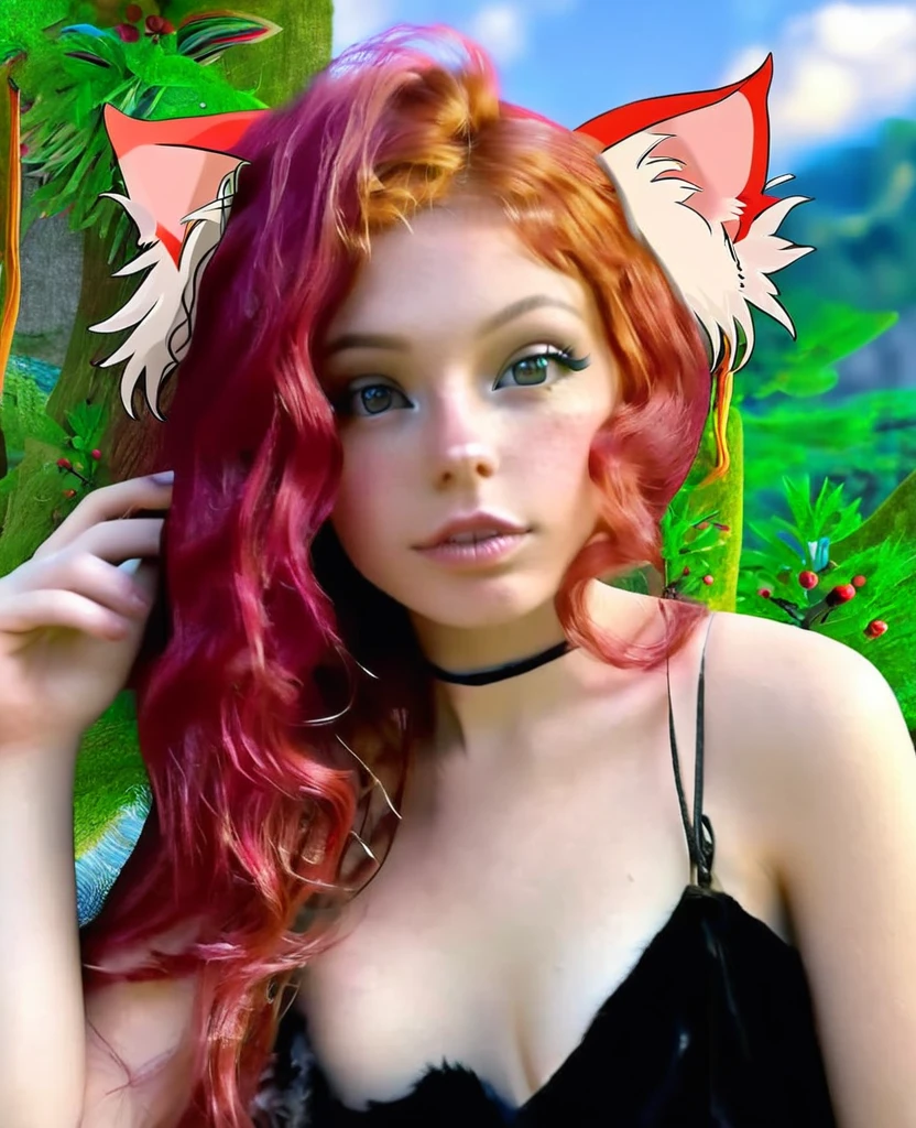 Surreal beautiful crazy elf, curly red hair, face detailed,pointy cat ears, very big , HD, 4K