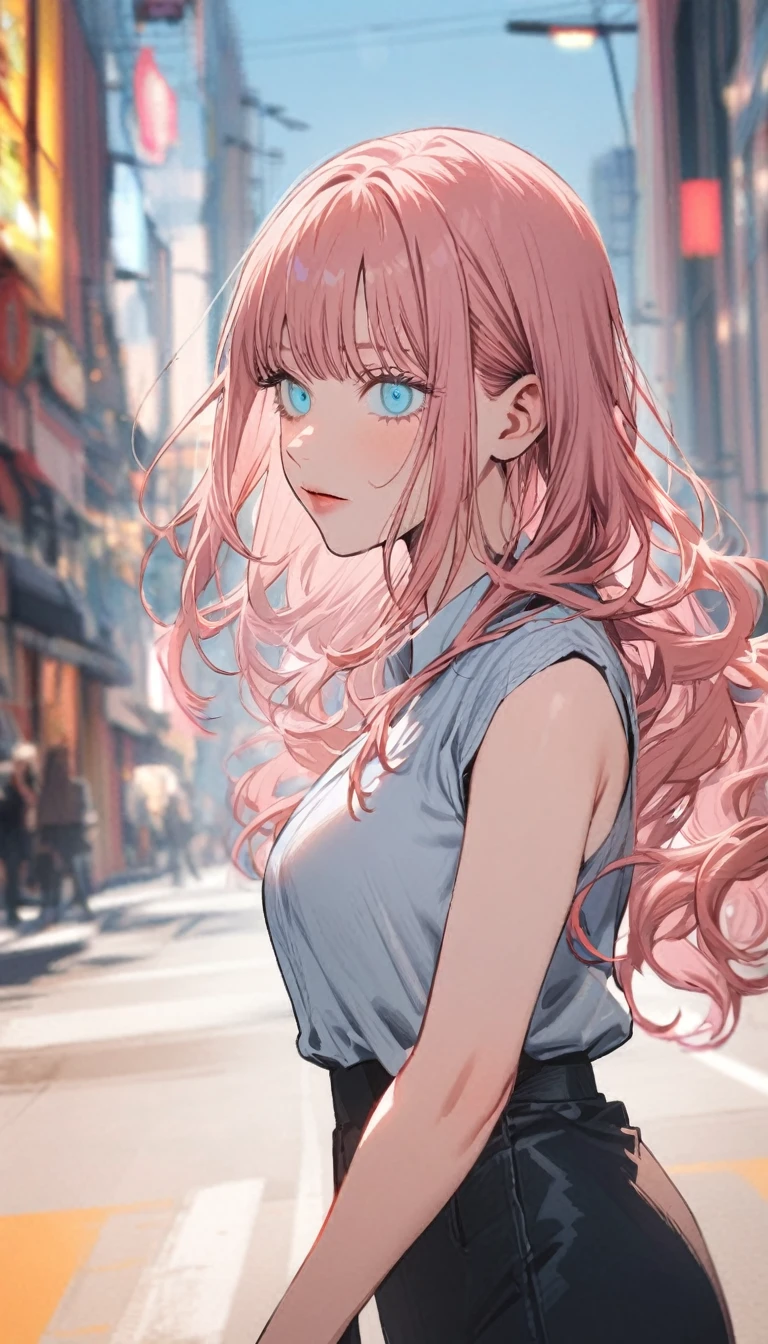1 girl in chainsaw man style, long wavy hair, light pink hair, hair with blue tips, light blue eyes,((makima's eyes)),white blouse with a black tie,(big boobies), Black Skirt, pink shoe, Grinning (teeth showing and pointed), showing the tongue,(bloodstains), (image angle upwards)