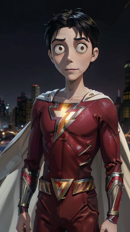 best quality,masterpiece,1boy,solo,(((13years old))),japanese boy,an extremely cute and handsome boy,highly detailed beautiful face and eyes,petit,cute face,lovely face,baby face,shy smile,show teeth, Black hair,Short hair,flat chest,skinny,slender,(((wearing a red Shazam costume,white cape))),(((standing in Dark Midnight TimBurton animation style metropolis city))),he is looking at the viewer,