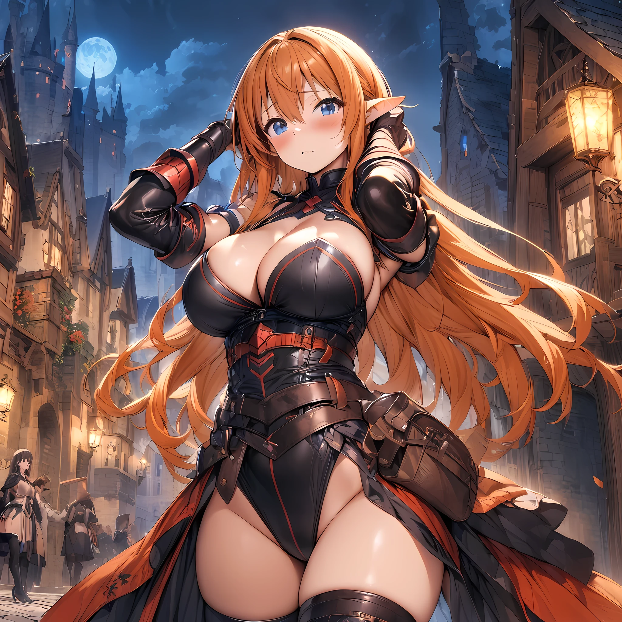 (masterpiece), (highest quality), (illustration), (super detailed), (high resolution), absurdity, 1girl,maple \(bofuri\), itai no wa iya nano de bougyoryoku ni kyokufuri shitai to omoimasu,fantasy town,high ,castle walls,night,blush,toragao,cowboy shot,big breasts,cleavage,hands on head,long hair,orange hair,blue eyes,leotard,pointy ears,elbow gloves,thighhigh heels
