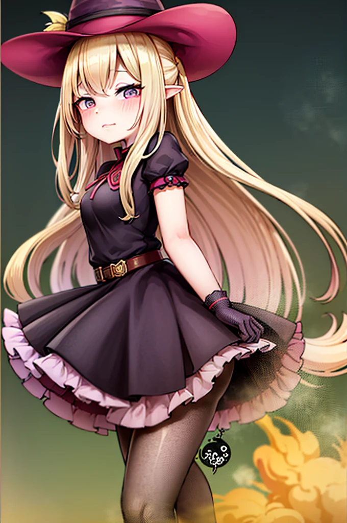 Witch Hat (Brown Hair) Long Hair (((Small breasts))) (Purple Eyes) (((child))) (Slanted Eyes) (((low length))) ,(Turn around) (((solo))), Embarrassed, blush, uniform、(I'm pulling up my skirt) (((A girl farts)))Standing with legs together
、(Holding on)((Her butt is facing me)) ((Loli face)(((Yellow gas leaking from the anus)))(((High quality eyes)))