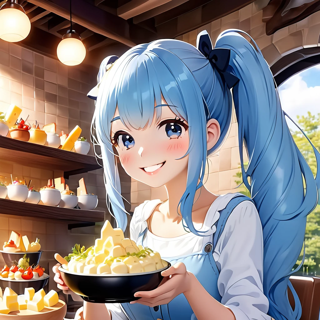 Light blue long hair、Beautiful girl with twin tails、Enjoying a large cheese fondue tower、Bright smile