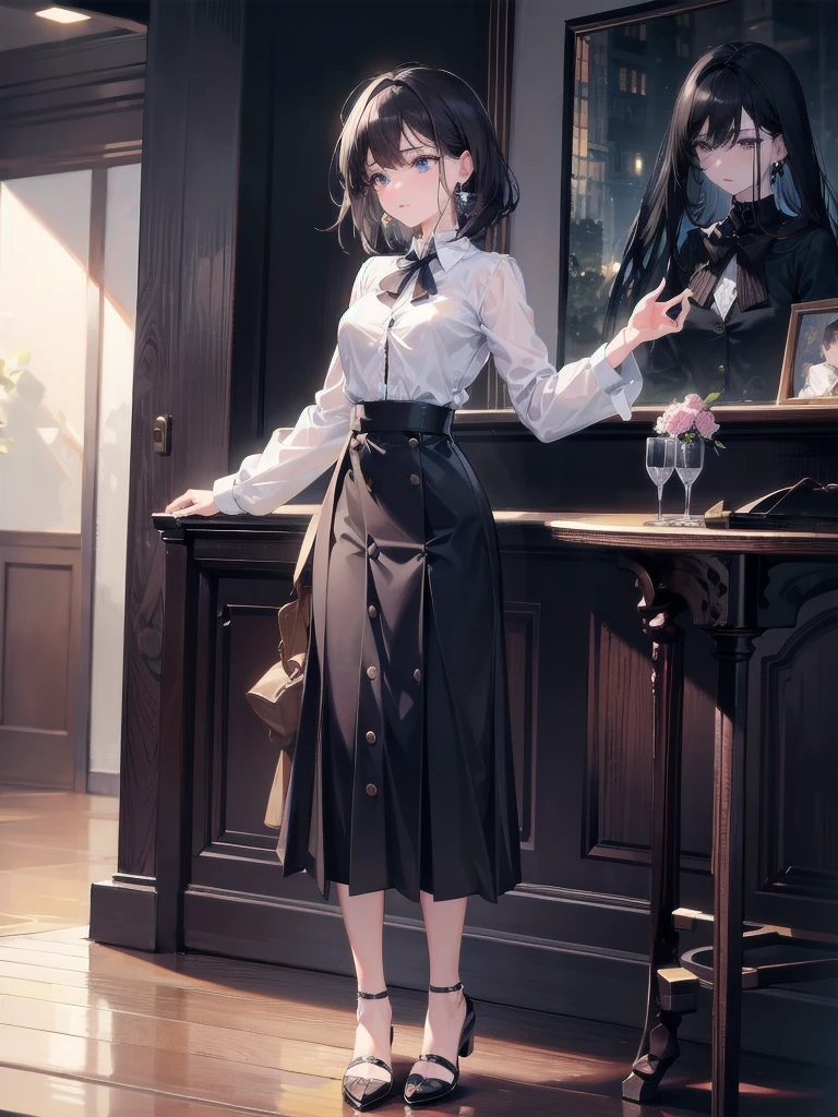 absurdres, RAW photo, extremely delicate and beautiful, masterpiece, Best Quality, ultra high resolution, 32k, hyperrealistic, ultra-detailed, delicate facial features, beautiful detailed woman, tearful mole, earring, medium breasts, full body shot, medium hair, black hair, white collared shirt, pencil skirt, business suit,