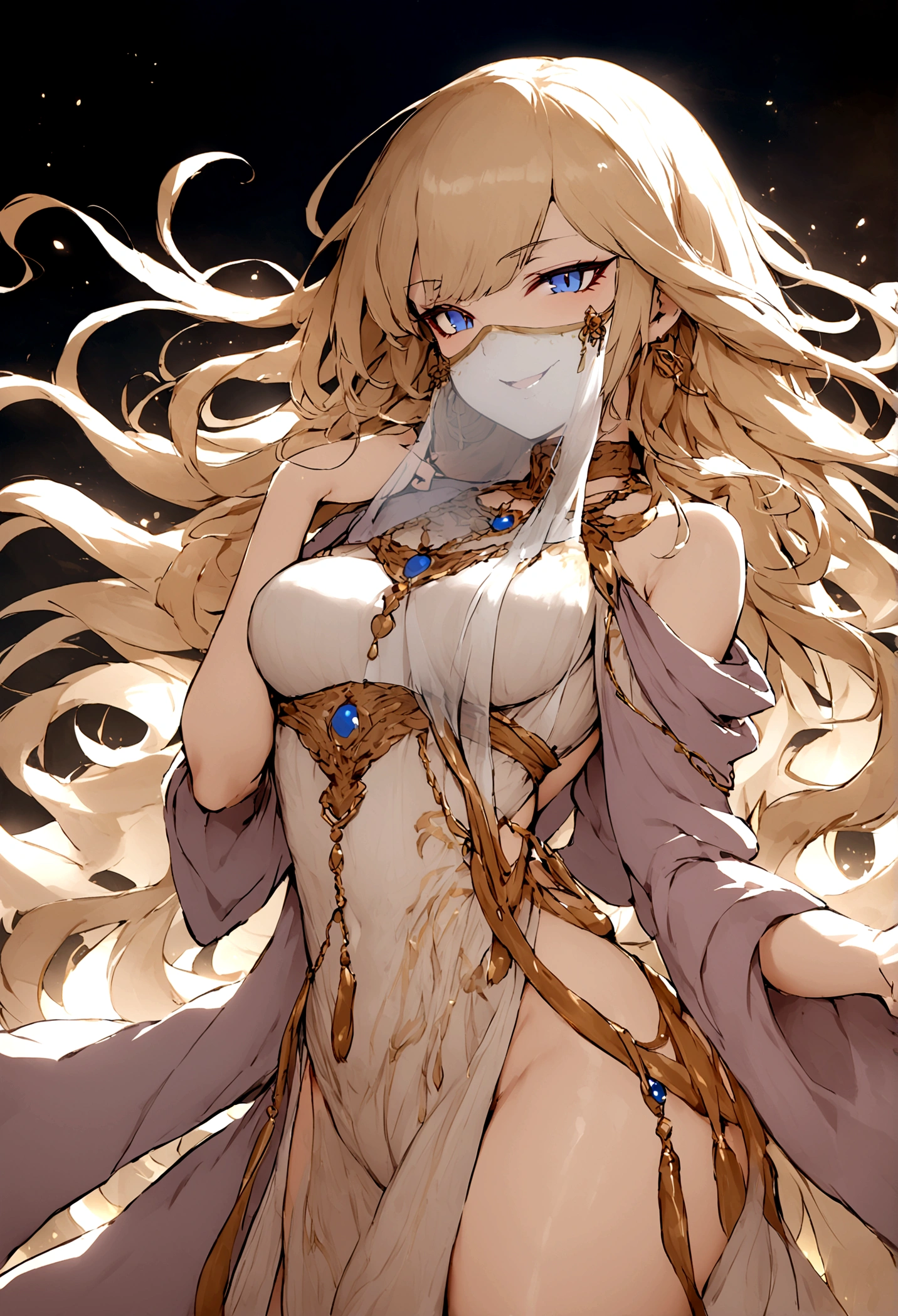 woman, cultist, long blond hair, mouth veil, perfect body, evil smile,  cultist cloak, seductive,cowboy shot, cultist clothes