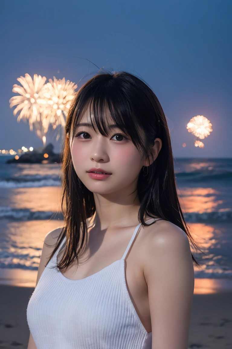 Japanese、Age 25、sister、Randomly generated people with diverse facial features and hairstyles、Perfect Anatomy,Ocean、Beach、firework、Night Sky、打ち上げfirework、目をOceanつぶる、Mature woman