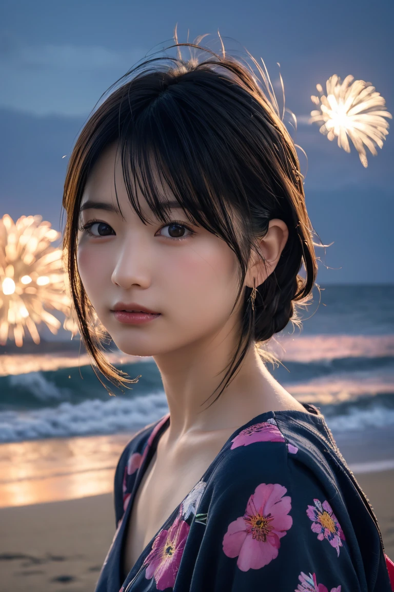 Japanese、Age 25、sister、Randomly generated people with diverse facial features and hairstyles、Perfect Anatomy,Ocean、Beach、firework、Night Sky、打ち上げfirework、目をOceanつぶる、Mature woman