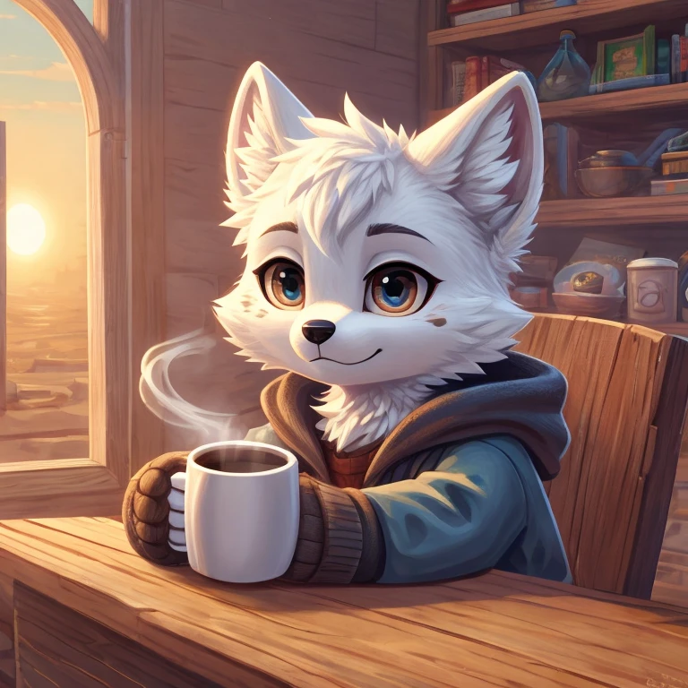 arctic fox with gray spots on its body, eyes almost closing, mug with coffee, digitl art, rise sun,