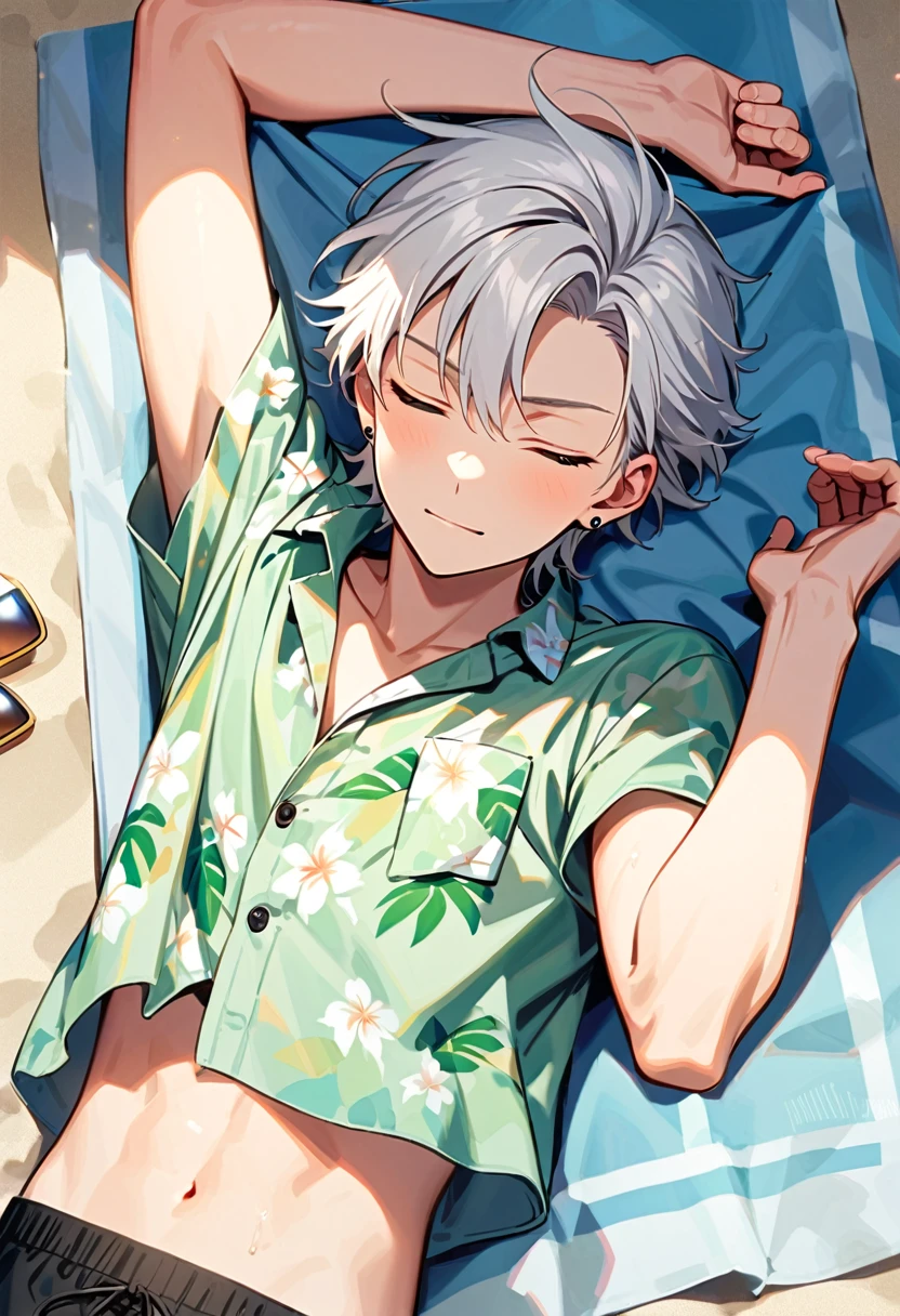 A young man, 19-years-old, solo, Caucasian, masculine face, short tousled white hair, eyes closed, relaxed facial expression, light pale green Hawaiian shirt, short sleeves, black swimming trunks, small silver earrings, beach, lying on a towel, hands behind head