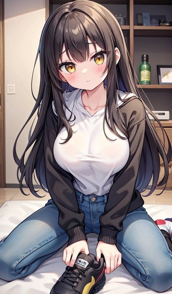 １older sister、Dark brown straight hair、Golden Eyes、17歳のolder sister、Sharp Eyes、Grey and white hoodie jumper、Grey Jeans、Black sneakers、Have acrobatic movements、Under her jersey she wears a white T-shirt that reveals her very large breasts.、ボン・キュッ・ボンの身体突きをしたolder sister、The body is slightly twisted.、Injecting green liquid into his chest、My breasts are getting bigger and bigger with the injections.、older sisterが自分の胸に注射器を刺して胸を膨張している、視聴者視点はolder sisterの下から
