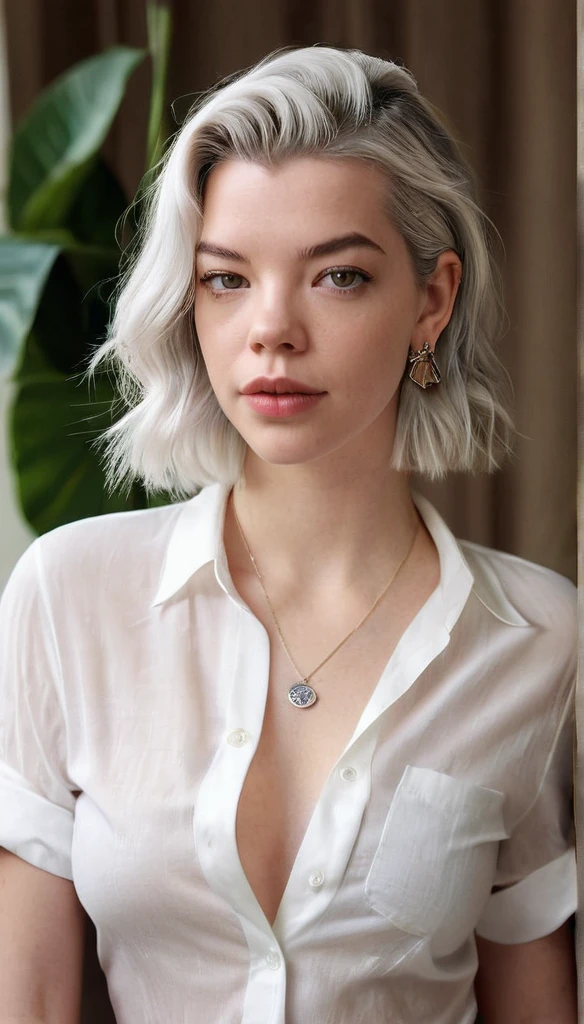 Full-length hyperrealistic photograph of a beautiful woman,model Anya Taylor-Joy, 33 years old, athletic body with cute tatoo, tatooed, full body, large view, white shirt, very light white grey hair, ((light and bright brown eyes)), small earring in right ear, very long eyelashes, sensual lips, provocative and expression. big breasts,, masterpeace, full realitic, sexy pose, perfecr proportion. Medium breast.background: in livingroom, natural light, sunlight