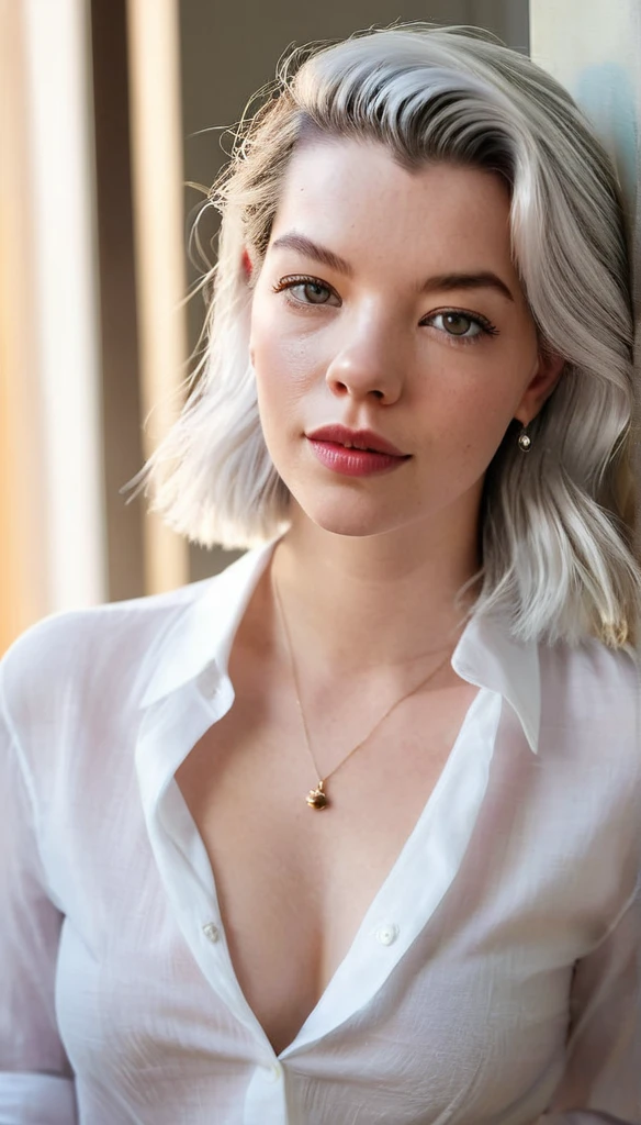 Full-length hyperrealistic photograph of a beautiful woman,model Anya Taylor-Joy, 33 years old, athletic body with cute tatoo, tatooed, full body, large view, white shirt, very light white grey hair, ((light and bright brown eyes)), small earring in right ear, very long eyelashes, sensual lips, provocative and expression. big breasts,, masterpeace, full realitic, sexy pose, perfecr proportion. Medium breast.background: in livingroom, natural light, sunlight