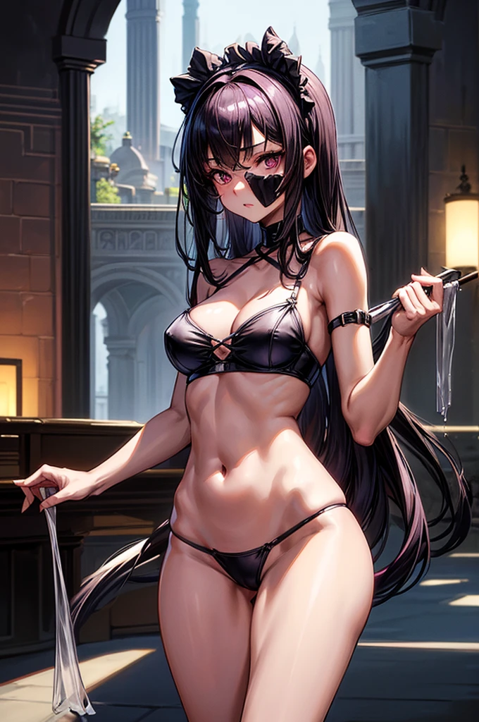 (spaghetti strap crisscross bikini crop top, thong, thigh high pantihose ),gorgeous, masterpiece, best quality, high-resolution, finely detailed, extremely detailed and beautiful, distinct-image, 1 girl, 16 year old ager, solo, sharp facial features, oval shaped face. cherry pink lips, lightly tanned white skin. velvet-colored eyes, C-cup breasts, tall height(175cm), slim yet chiseled body type, short shoulder length dark violet-black hair, small narrow waist, long and slender legs, curvy wide hips, elegant Gothic training courtyard setting, rear view, rear angle camera