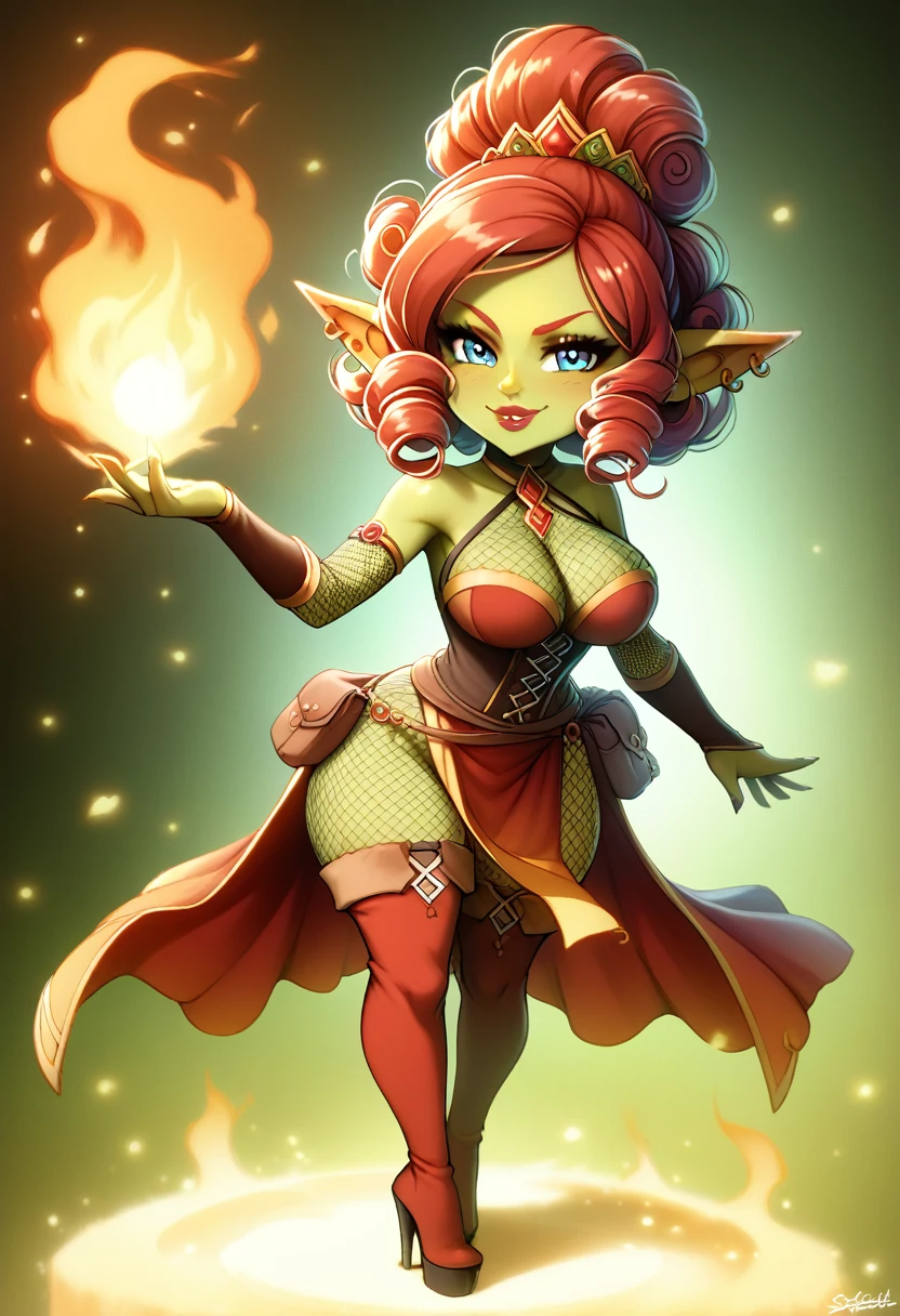 Girl, goblin girl, goblin, green skin, short, short stature,long hair, red hair, curly hair, large breasts, long gloves, thigh boots, pouty lips, masterpiece, best quality, sexy, dynamic pose, 8k, shortstack, sfw, shiny, fantasy, dungeons and dragons, high heels,  fishnets, holding, dark green skin, adventurer, sexy pose, sorcerer, sorceress, pyromancer, fire, magic, long sexy colorful dress, thigh pouch, very curly hair, lots of belts, updo hairstyle, lipstick, rosy cheeks, smile