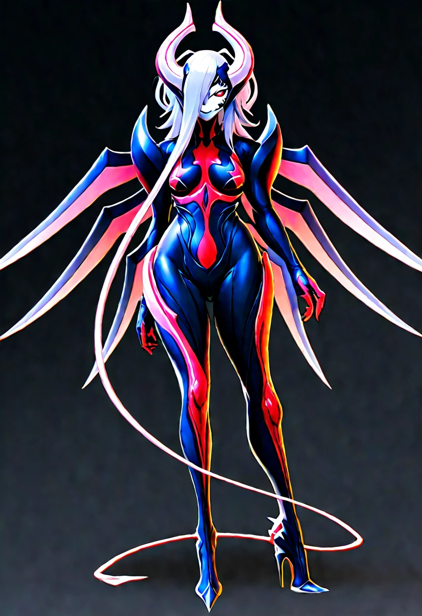 Full-body concept art, 1 woman,A figure fused with a dragon, witch blade motivism, evil fall, symbiote skin, Blood vessels floating all over the body, full body suit, enemy woman, bio full skin suit, high image quality, real, high detail, 16K, purple gloves, renamon bodysuit, fortified suit, glossy, digimon, goddess, mature female, mistress, fox mask, masterpiece, more_details:-1, more_details:0, more_details:0.5, more_details:1, more_details:1.5