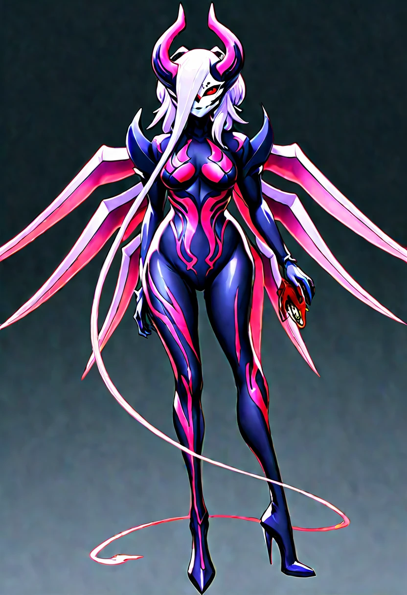 Full-body concept art, 1 woman,A figure fused with a dragon, witch blade motivism, evil fall, symbiote skin,  Blood vessels floating all over the body, full body suit, enemy woman, bio full skin suit, high image quality, real, high detail, 16K, purple gloves, renamon bodysuit, fortified suit, glossy, digimon, goddess, mature female, mistress, fox mask, masterpiece, more_details:-1, more_details:0, more_details:0.5, more_details:1, more_details:1.5