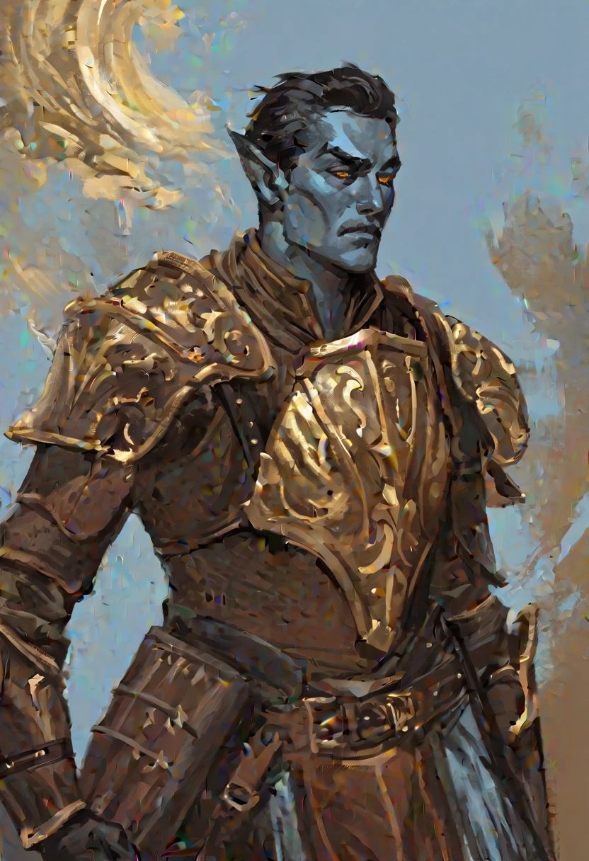 digitalpainting, pictorial \(styled\), male from the Elder Scrolls series, trunk, General plan, short dark hair, gold eyes, light blue skin, brown leather armor, without shoulder pad, Dynamic shading, expressive brushstrokes, oil on canvas, extremely detaild, light and dark colors