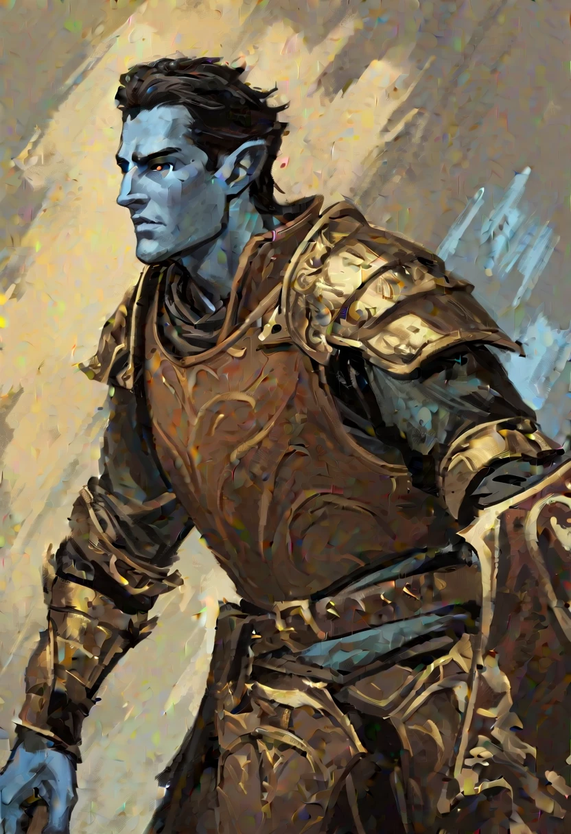 digitalpainting, pictorial \(styled\), male from the Elder Scrolls series, trunk, General plan, short dark hair, gold eyes, light blue skin, brown leather armor, without shoulder pad, Dynamic shading, expressive brushstrokes, oil on canvas, extremely detaild, light and dark colors