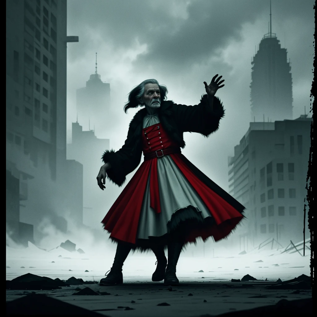 Fine art, black-white-red-green, high contrast, national geographical photo: André Uhlisch - Art, schwarzweiß rot grün, hoher kontrast, national geographic photo image, digital painting of a standing colorful old man dances through the city in a glittering dress. beautiful, hand in hand with pet long fur
taken in the style of post-apocalyptic futurism on Ektachrome film with 14 mm focal length and Provia, soft and dreamy tones, detailed photo, bright coloring