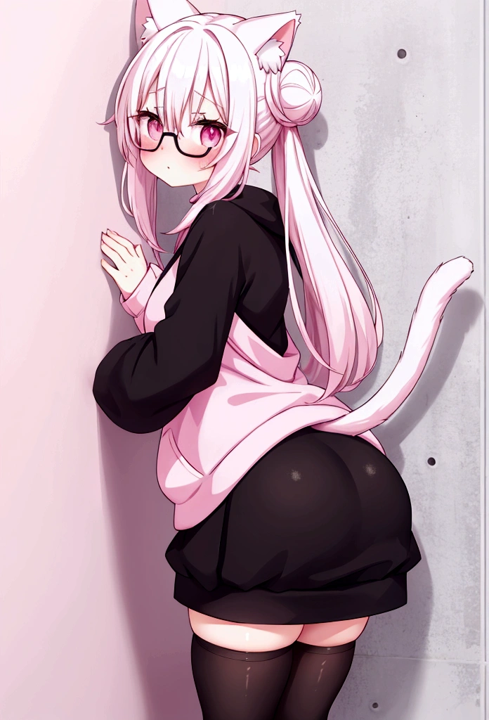 I have white pink hair, cat ears, a bun, my face is super blushing, black glasses, pink heart eyes, a big pink sweatshirt, a black skirt, black stockings, white shoes, a cat's tail, a girl. very shy that she is glued to a wall with her butt