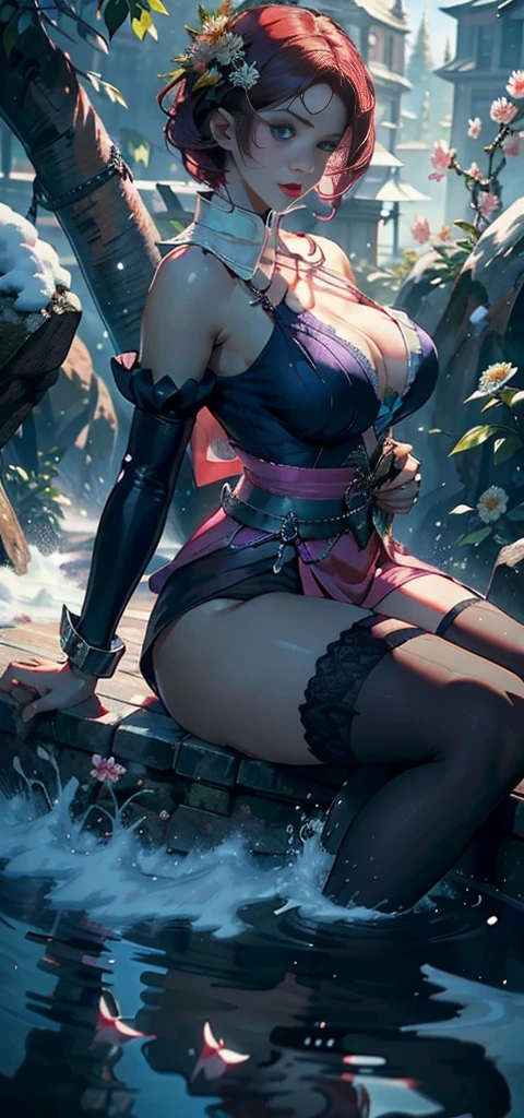 1woman,45 yeararried woman,milf,plump,extremely large breast, Alone,(background with:ponds,cherry blossom forest,lotto flower)Lie under water, she has short pink hair,seen from the front,, mostly cloudy sky,(((Masterpiece),(Highly detailed CG Unity 8k wallpaper),The best quality,cinematic lighting,detailed background,Beautiful detailed eyes,bright pupils,black eyes,Snow white skin,red lip(very fine and beautiful),(Beautiful and detailed description of the eye.),ultra-detailed,Masterpiece,))looking to the camera,A high resolution,ultra-detailed),revealing breasts,Fair genitalia, bulk,the legs are open,Sexy servant,camel toe,Dissatisfaction desire,Facade,(exhausting:Red sailor uniform,Fair ,)