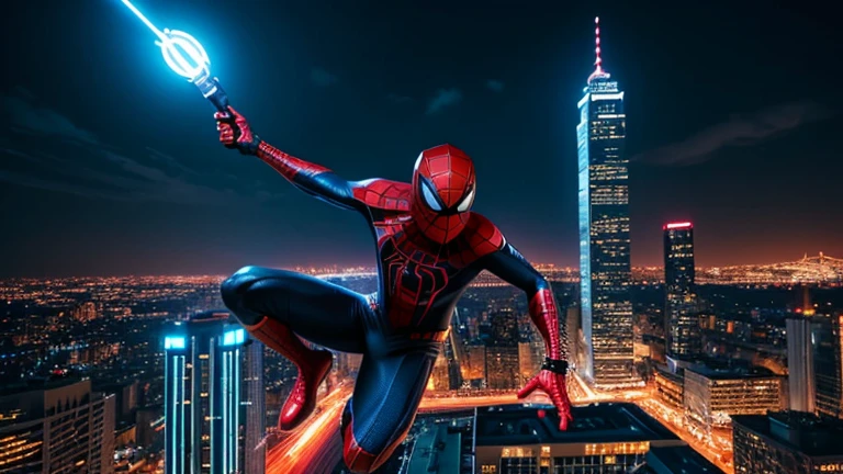 a superhero, miles morales, spiderman, cityscape, skyscrapers, urban environment, action pose, web-slinging, dynamic movement, web shooters, futuristic technology, vibrant colors, neon lights, cinematic lighting, highly detailed, cinematic, photorealistic, 8k, masterpiece