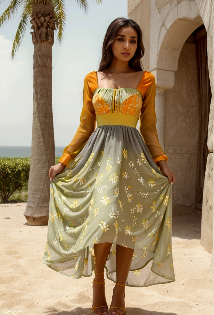 a beautiful woman, holiday dress, random color (green or yelow, or red or orange or grey or white or black or blue or fiolet ) summer dress, flowers. Arabian woman