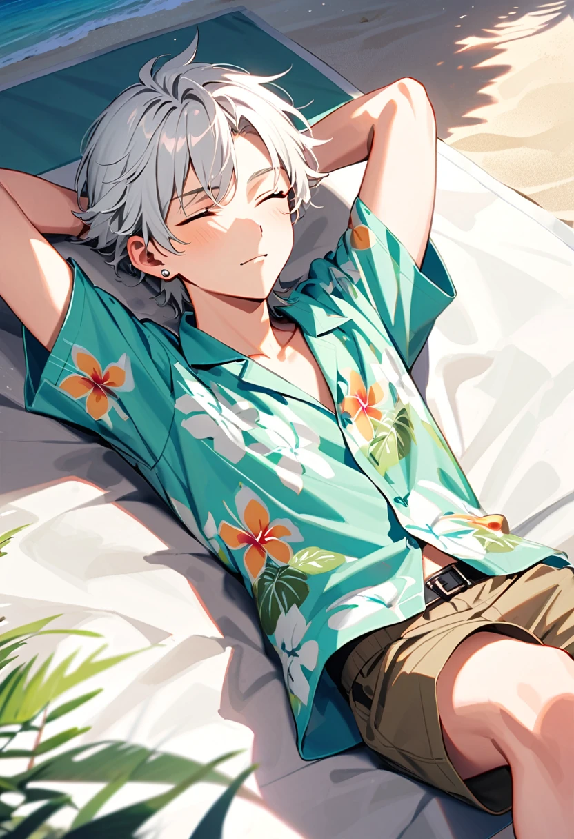 A young man, 19-years-old, solo, Caucasian, masculine face, short tousled white hair, eyes closed, relaxed facial expression, light pale green Hawaiian shirt, short sleeves, khaki shorts, small silver earrings, beach, lying on a towel, hands behind head