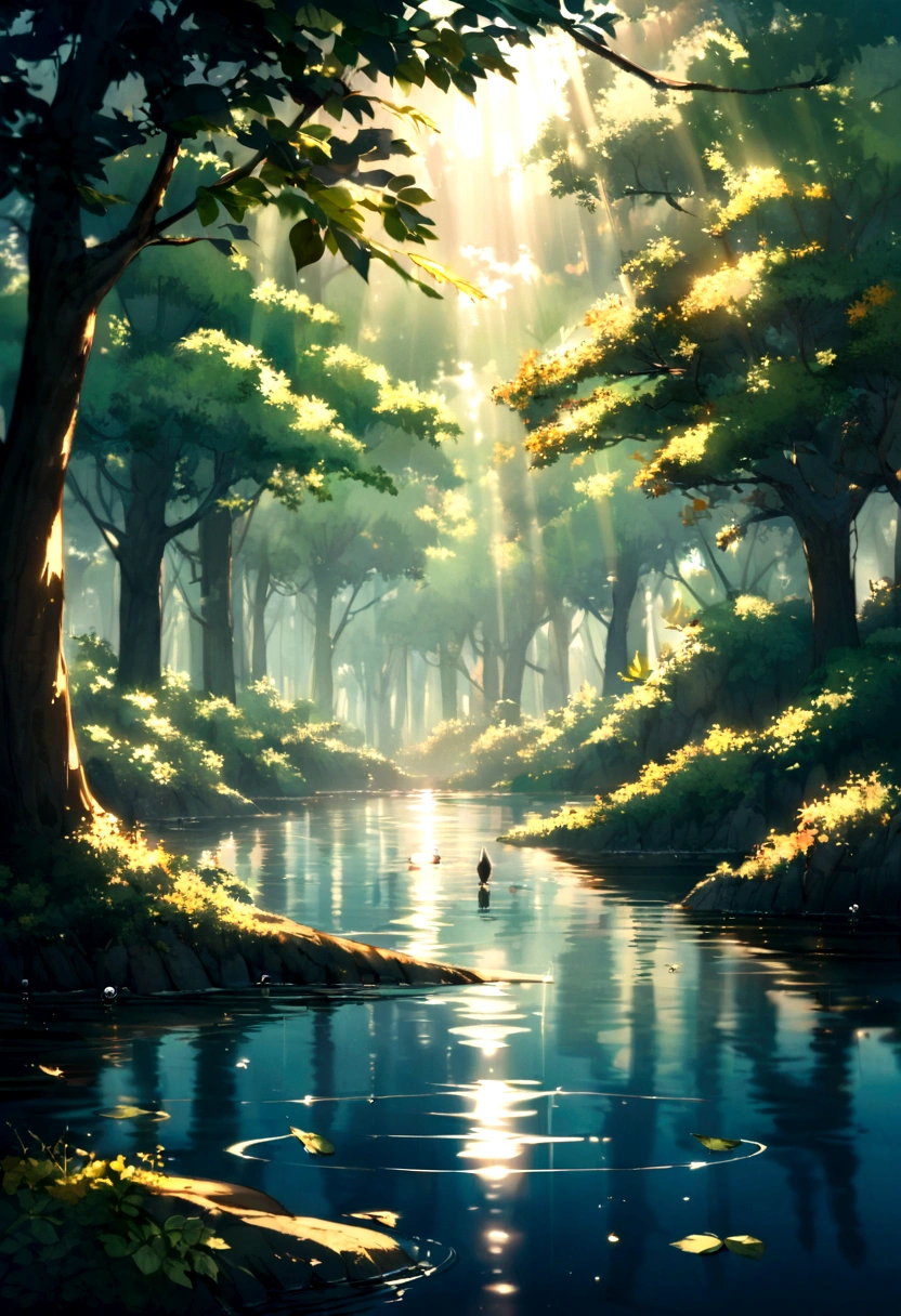 create a Sun rays pass through water drops, forming small rainbows over the surface of the lake. Tree leaves create dancing shadows that blend with reflections.