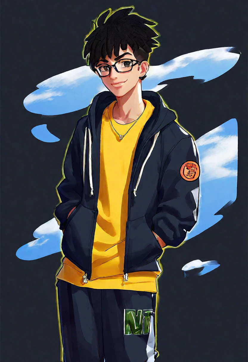 Create an anime-styled image of a young black man named Vini, 22 years old, with a height of 1.74m, in the style of Dragon Ball Z. He has a warm, friendly smile, short hair as seen in the provided photo, and expressive eyes. Vini wears black-framed glasses and is dressed in a stylish yellow hoodie with white details, with the hood slightly visible. He has wireless Bluetooth earbuds in black that are not too prominent. Vini has an ectomorph build, well-defined and athletic. On his right forearm, he has a detailed tattoo of clouds. His hands are in the pockets of the hoodie, and he is smiling as if posing for the camera. Ensure his skin tone and hairstyle match those in the provided photo, emphasizing that he is black.For the background, use a solid color that complements the character's appearance. Considering the yellow hoodie, a medium or dark blue background would create a nice contrast and make the character stand out