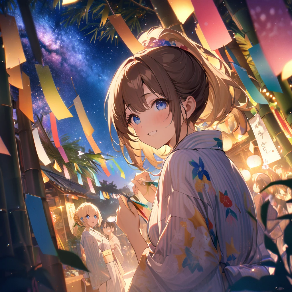Highest quality, masterpiece, The girl who grants wishes,blonde,blue eyes,Double exposure, The best smile, Look up at the sky, yukata, milky way, Night view, Tanabata Festival, Large bamboo and colorful hanging ornaments,Golden light particle effect、Japanese Events、Tanabata decoration、Bamboo、wish、ponytail、Brown Hair、Blue eyes
