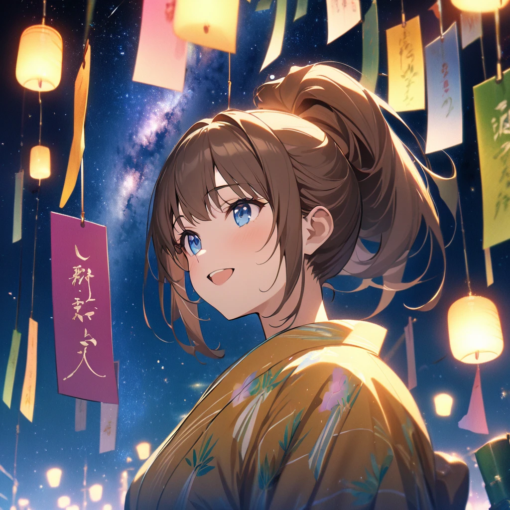 Highest quality, masterpiece, The girl who grants wishes,blonde,blue eyes,Double exposure, The best smile, Look up at the sky, yukata, milky way, Night view, Tanabata Festival, Large bamboo and colorful hanging ornaments,Golden light particle effect、Japanese Events、Tanabata decoration、Bamboo、wish、ponytail、Brown Hair、Blue eyes