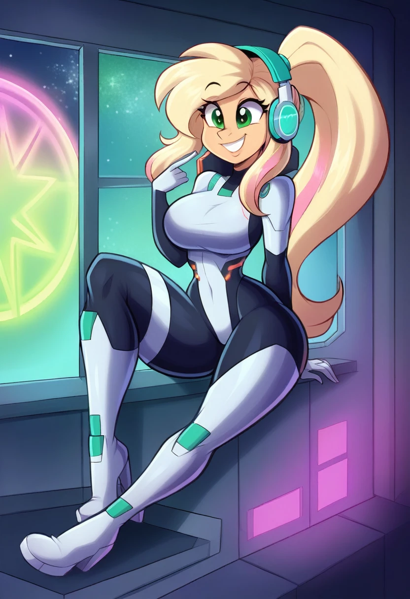 (masterpiece), ((perfect anatomy)), (high Res), (4k), bandicoot, green eyes, blonde hair, huge breast, wide hips, (((pink space suit))), happy, (anime artstyle), (((solo))), narrow waist