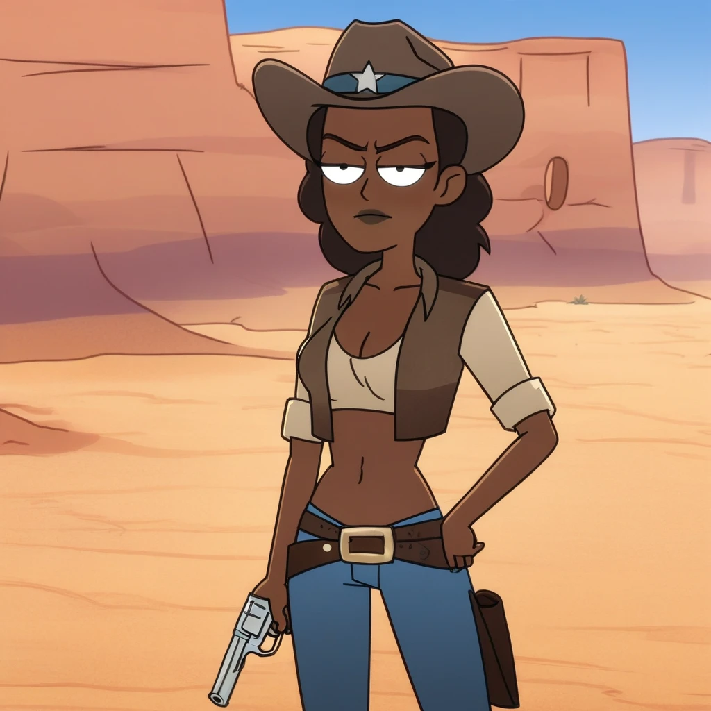 One girl, cowboy_hat, dark_skin, blue_eyes, western, NSFW, desert, holding a revolver, cowboy_outfit, open shirt, ripped clothes, sweating, dirty,