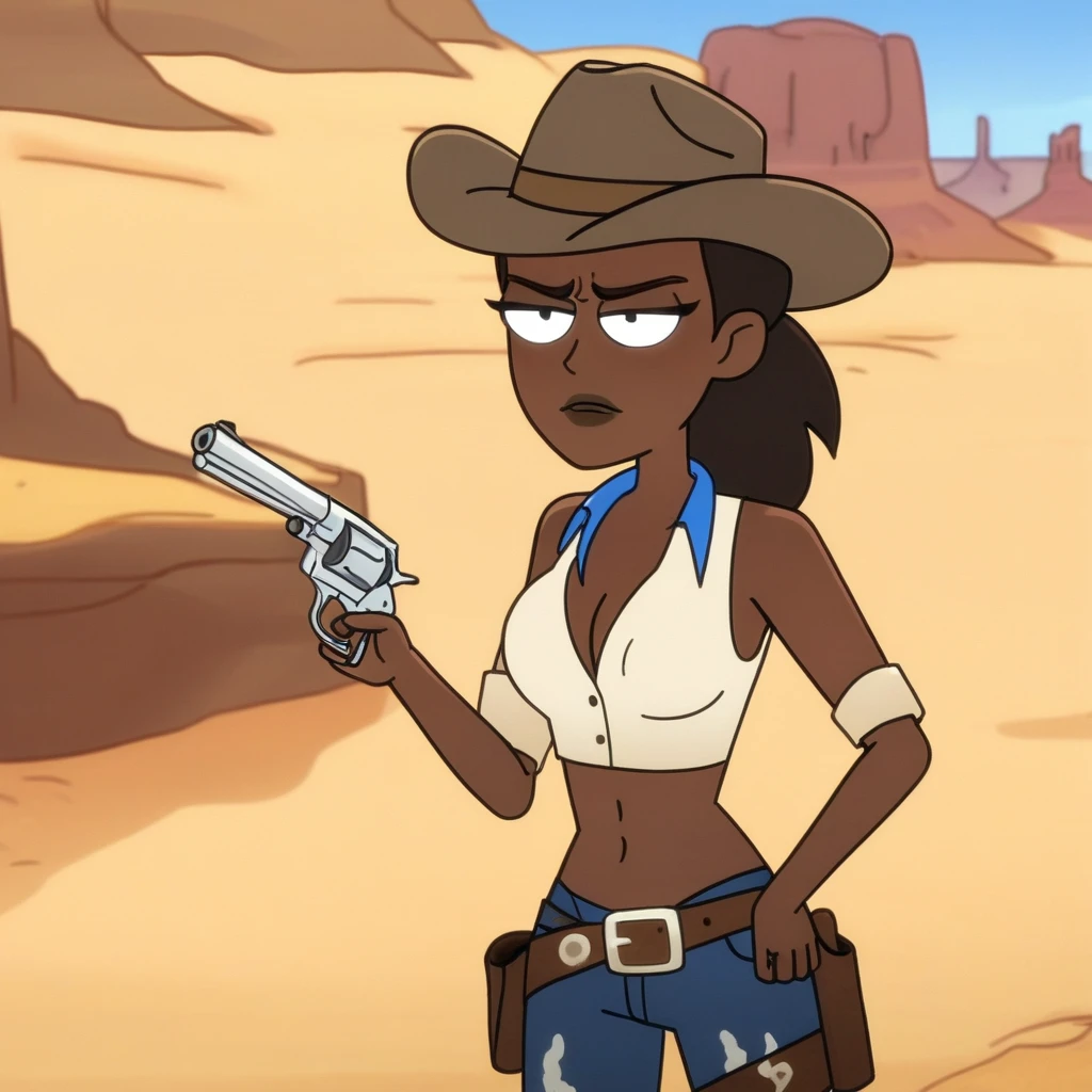 One girl, cowboy_hat, dark_skin, blue_eyes, western, NSFW, desert, holding a revolver, cowboy_outfit, open shirt, ripped clothes, sweating, dirty,