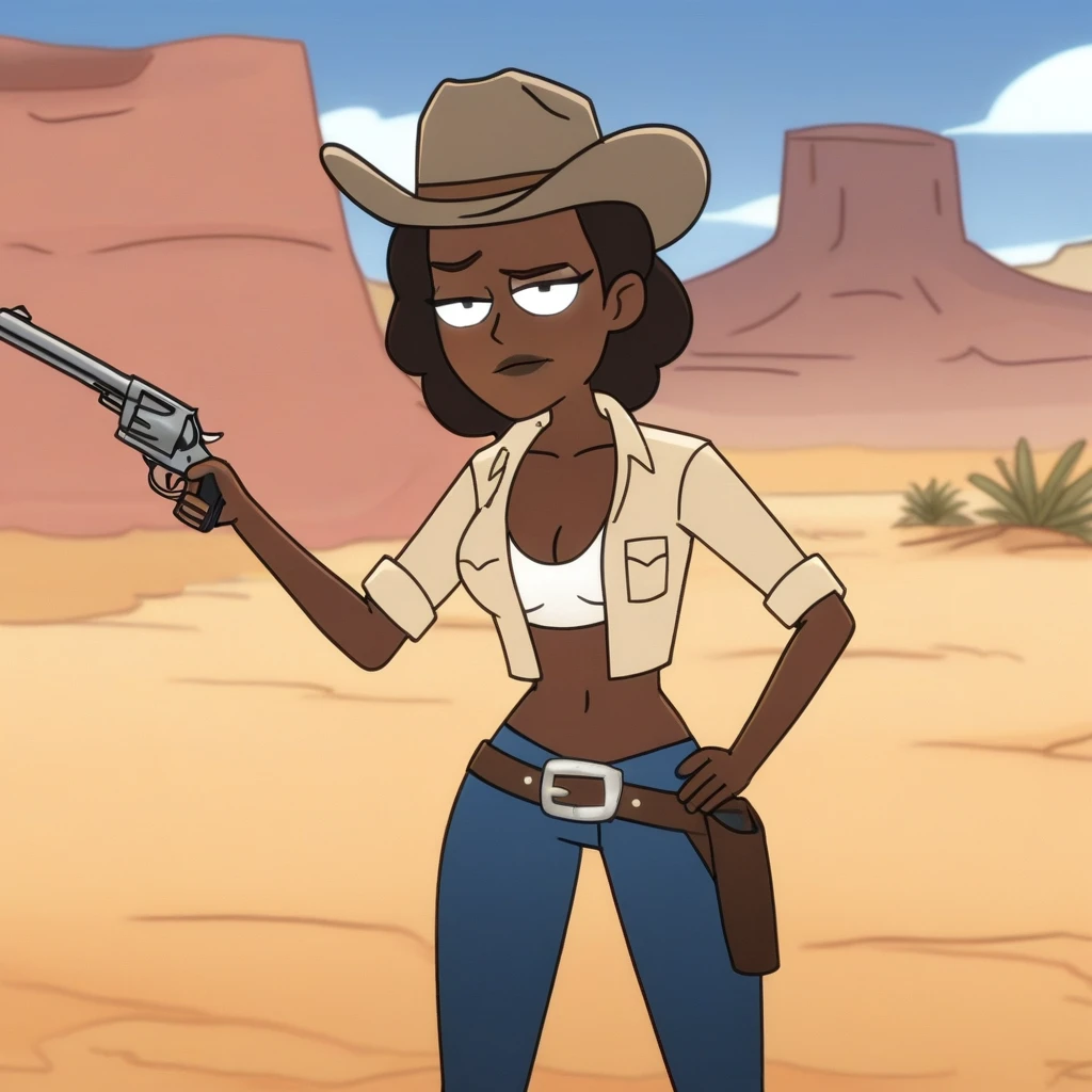 One girl, cowboy_hat, dark_skin, blue_eyes, western, NSFW, desert, holding a revolver, cowboy_outfit, open shirt, ripped clothes, sweating, dirty,