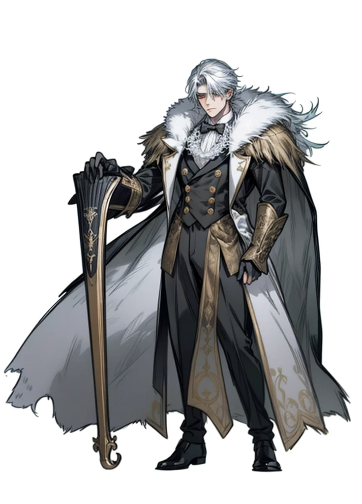 1boy, male face, handsome, mysterious, legendary hero, nice clothes, (high resolution, high detail, best quality), fur cape, shotgun, butler costume