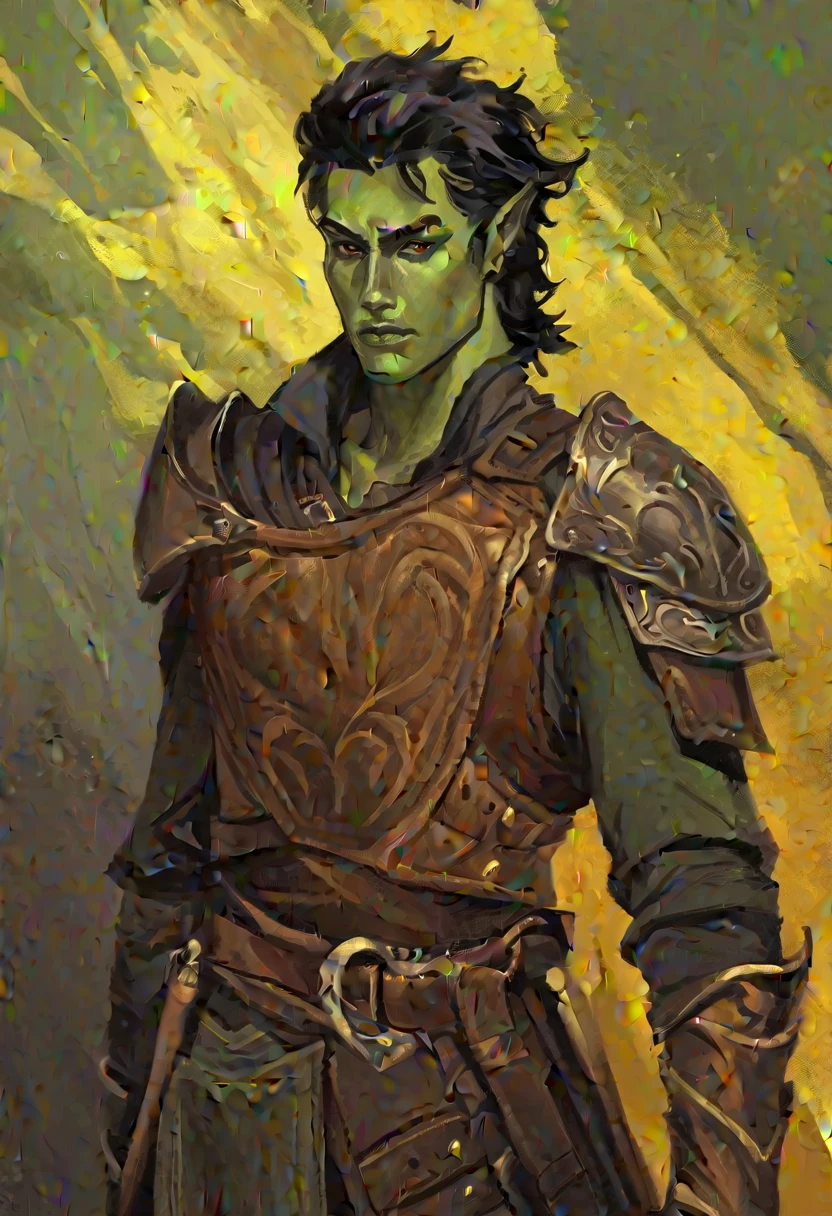 digitalpainting, pictorial \(styled\), male rogue from the Elder Scrolls series, trunk, General plan, short dark hair, gold eyes, Light green skin, brown leather armor, without shoulder pad, Dynamic shading, expressive brushstrokes, oil on canvas, extremely detaild, light and dark colors
