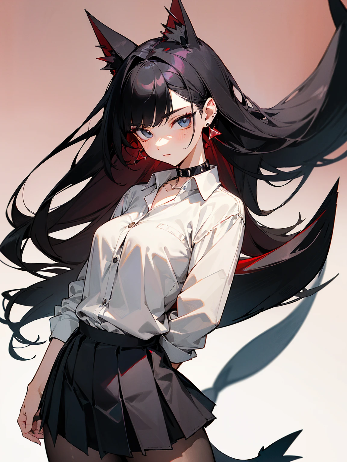 ((Long Straight Black hair)), Perfect face, Choker, Punk earrings, ((Tall)), ((High Quality)), Necklace, ((Mature)), Pretty Eyes, Sharp Nails, Bangs, ((1 Girl)), ((Multiple Earrings)), 1 girl, Spiky Earrings, Adult, Spiked Collar, Thin Eyelashes, Plain Background, Red Colors in Background, Shark Girl, Long Tail, Large Tail, Massive Tail, Shark Tail, ((Black Pleated Skirt With Lines)), ((White Buttoned Shirt)), Close Up, Very Short Mini Skirt, Tall, Long Legs, Dynamic Pose, Black Tail, 2 moles under left eye, Wide Hips, Pantyhose, Thick Thighs,