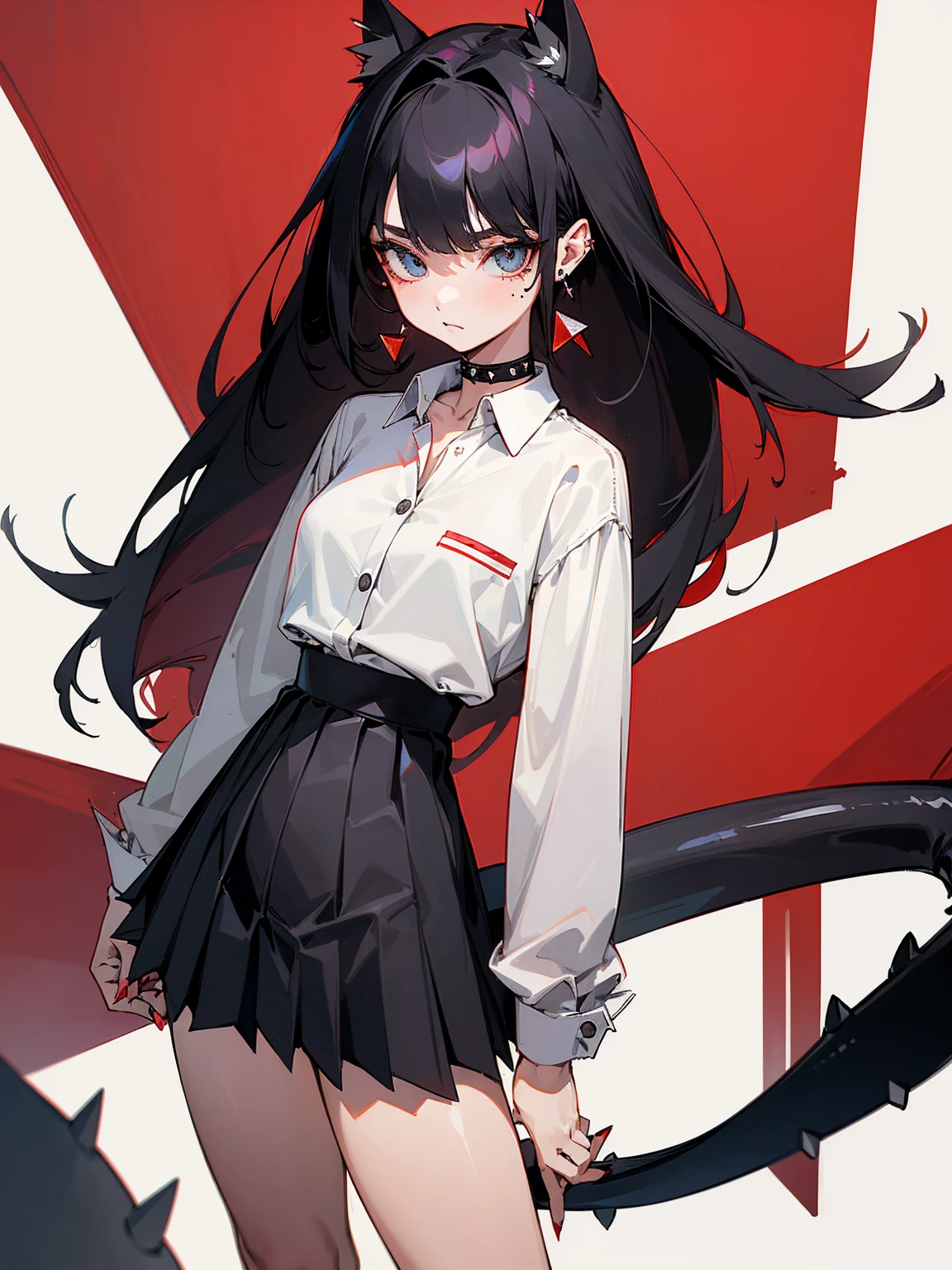 ((Long Straight Black hair)), Perfect face, Choker, Punk earrings, ((Tall)), ((High Quality)), Necklace, ((Mature)), Pretty Eyes, Sharp Nails, Bangs, ((1 Girl)), ((Multiple Earrings)), 1 girl, Spiky Earrings, Adult, Spiked Collar, Thin Eyelashes, Plain Background, Red Colors in Background, Shark Girl, Long Tail, Large Tail, Massive Tail, Shark Tail, ((Black Pleated Skirt With Lines)), ((White Buttoned Shirt)), Close Up, Very Short Mini Skirt, Tall, Long Legs, Dynamic Pose, Black Tail, 2 moles under left eye, Wide Hips, Pantyhose, Thick Thighs,