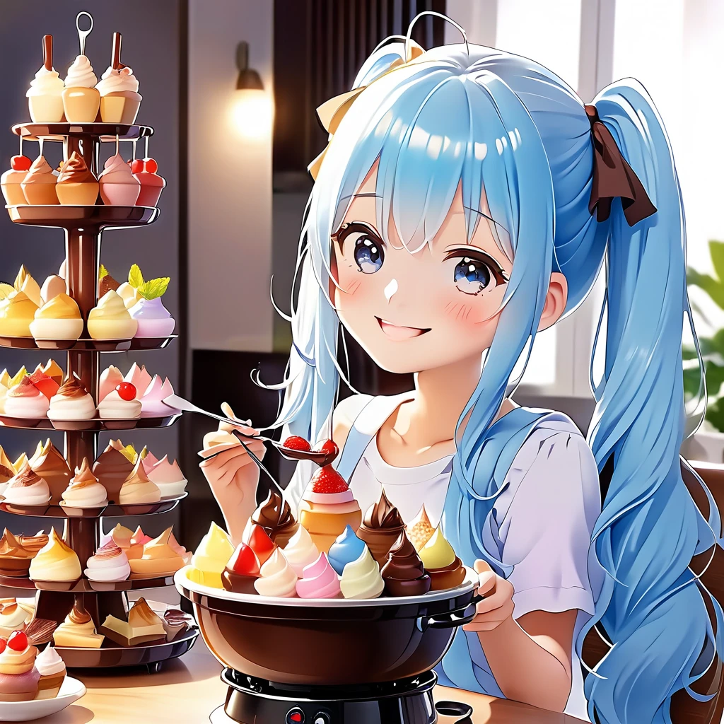 Light blue long hair、Beautiful girl with twin tails、Enjoying a large chocolate fondue tower、Bright smile