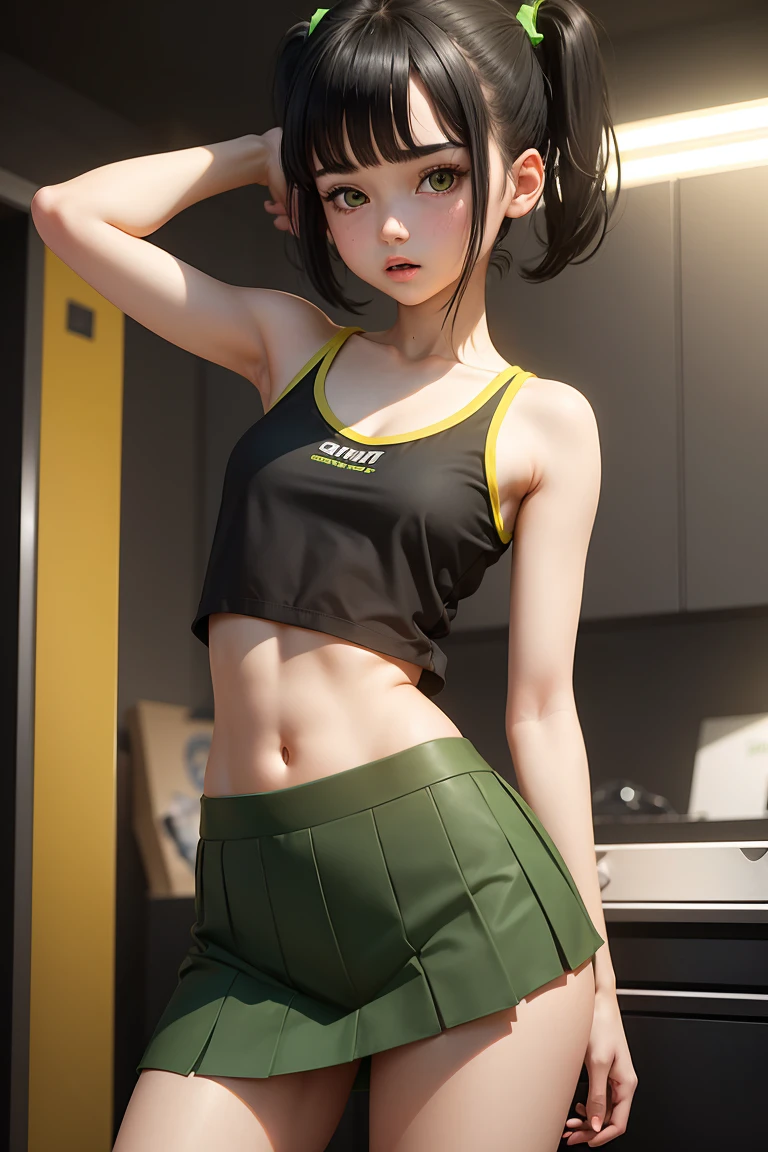 Ultra realistic girl ager , , gril short blackhairpigtails , small breasts, short yellow top, slender teenbody, tight green mini skirt, sexy.
