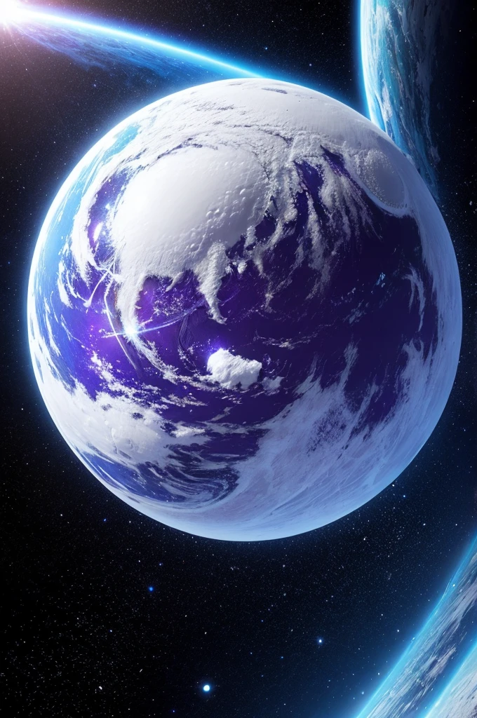 A white planet with blue and purple and sparkling