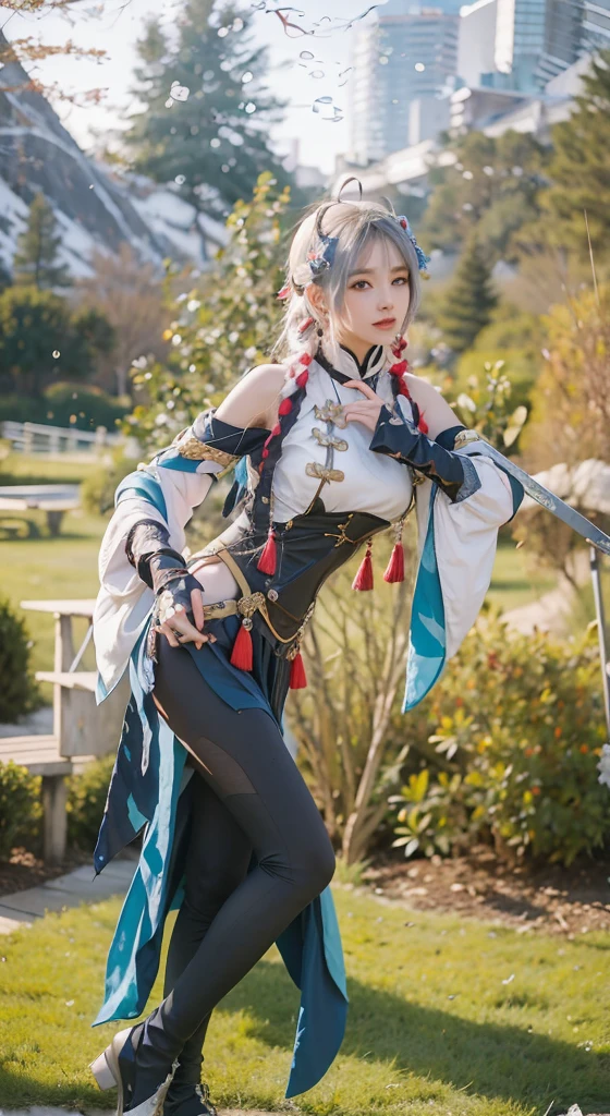 Anime cosplay with sword and sword in the field, Anime cosplay, Keqing from Genshin Impact, Gorgeous Role Play, Anime girl cosplay, zhongli from genshin impact, cosplay foto, cosplay, professional cosplay, Ayaka Genshin impact, From Lineage 2, ayaka game genshin impact, onmyoji, rpgmaker, glamourous cosplay,Slim beauty，Look at the camera seductively