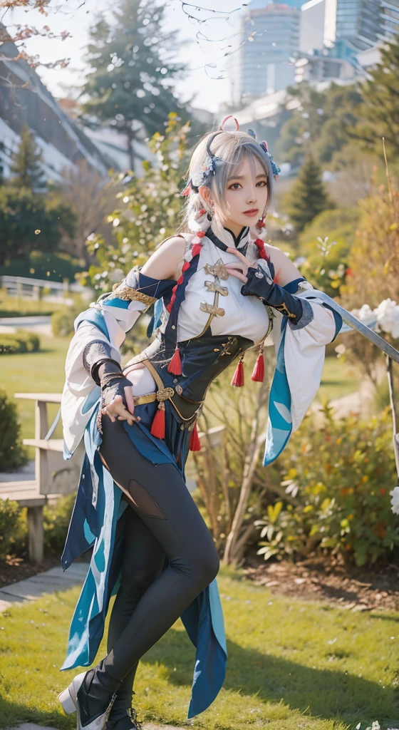 Anime cosplay with sword and sword in the field, Anime cosplay, Keqing from Genshin Impact, Gorgeous Role Play, Anime girl cosplay, zhongli from genshin impact, cosplay foto, cosplay, professional cosplay, Ayaka Genshin impact, From Lineage 2, ayaka game genshin impact, onmyoji, rpgmaker, glamourous cosplay,Slim beauty,Look at the camera seductively