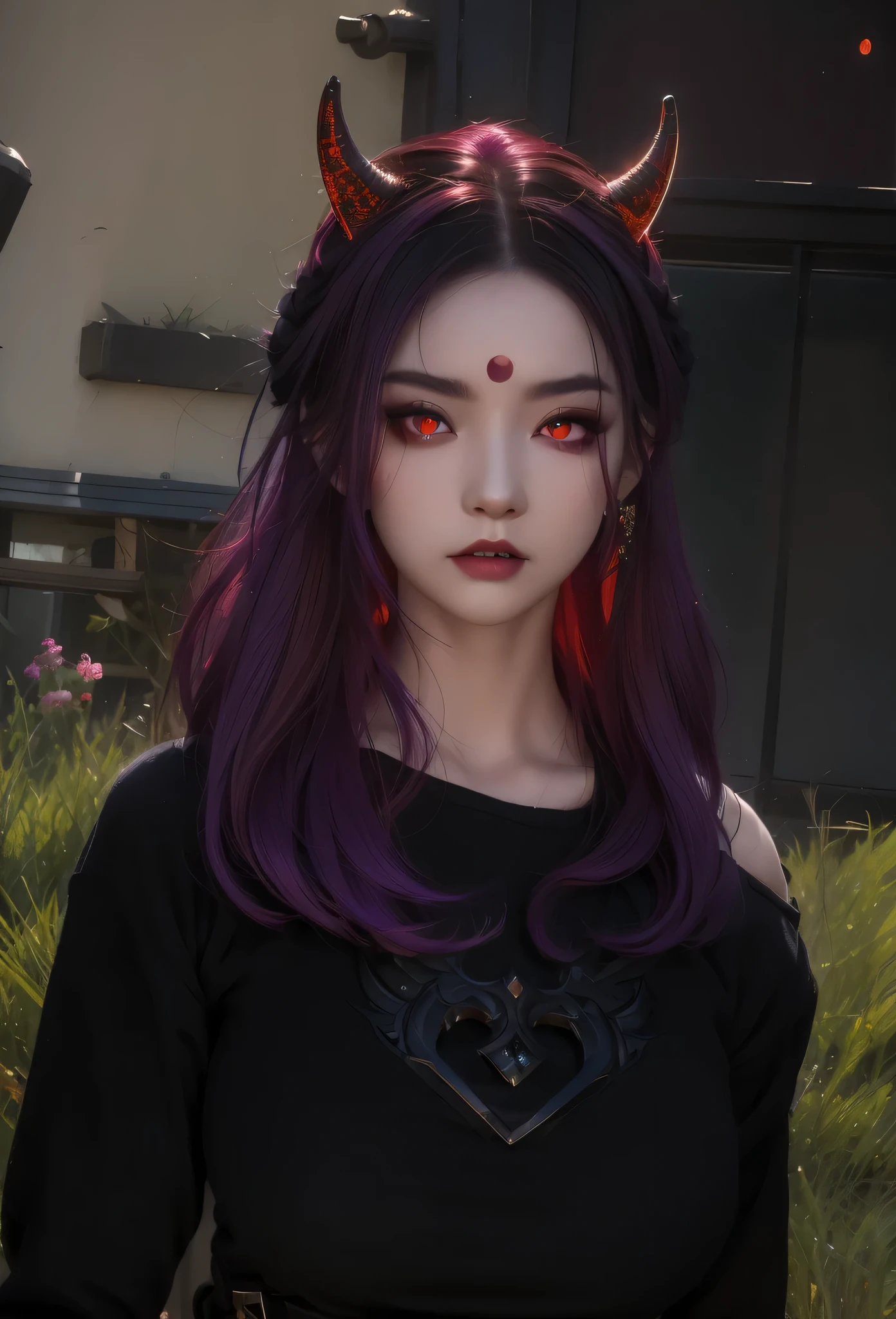 a close up of a woman with horns and a purple hair, (red eyes:1.5) , dark piercing eyes, devious evil expression, character close up, piercing gaze, ( ( deep black eyes ) ), cat - like scarlet eyes, cruel korean goth girl, with long hair and piercing eyes, close up character, glowing ember eyes, character close-up